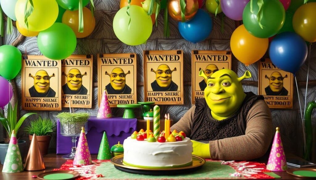 Shrek birthday party incorporating wanted posters into birthday decorations